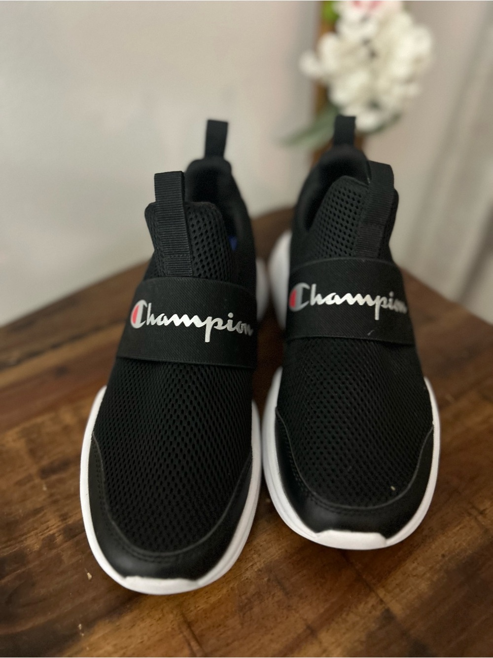 Champion Black Mesh Slip-On Kids Sneakers with White Sole